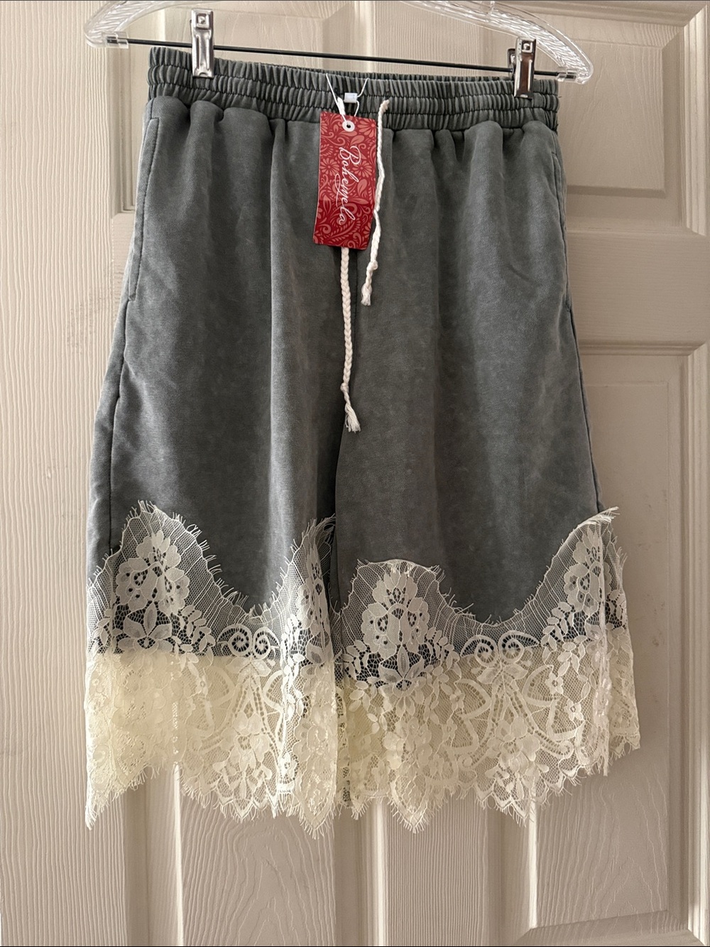 SHEIN Gray Velvet Lounge Shorts with Cream Lace Trim
